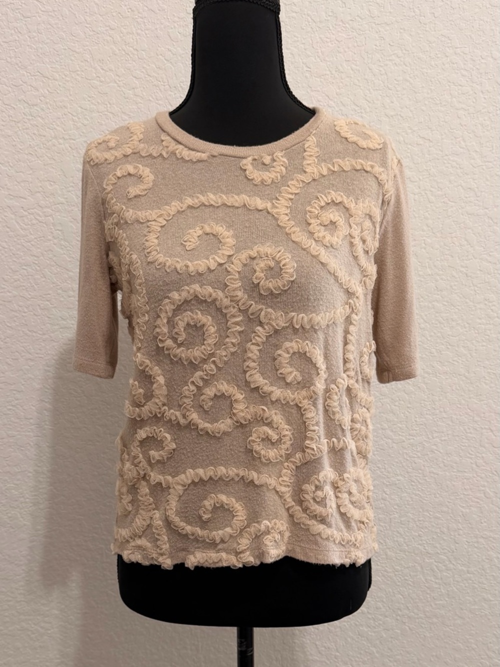 ZARA Beige Textured Appliqué Blouse | Short Sleeve Minimalist Chic Top